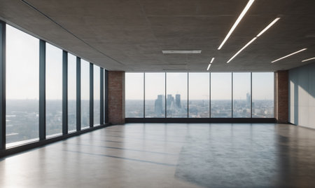 A modern office space with large windows overlooking a city skylineの素材