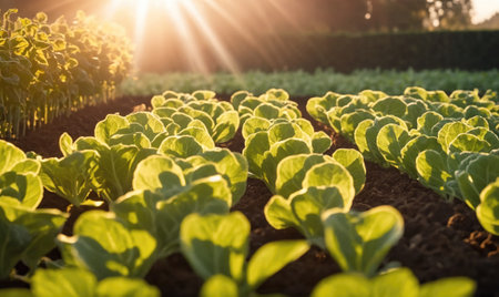 Green lettuce plants grow in a field with the sun shining through the leavesの素材