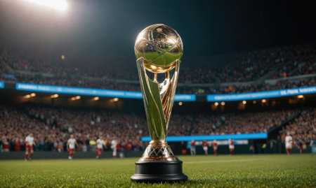 A golden trophy sits on the field after a match, with a crowd cheering in the backgroundの素材