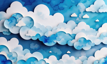 Paper clouds layered over a blue watercolor background create a dreamy, artistic skyの素材