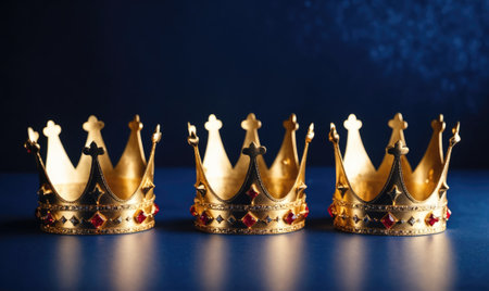 Three gold crowns sit on a blue surfaceの素材
