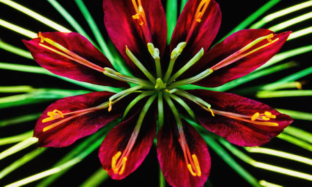 A close-up view of a red flower with yellow accents, surrounded by green stems against a black backgroundの素材