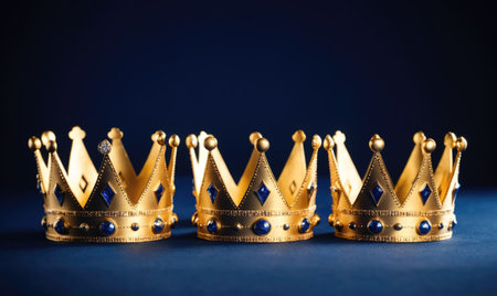 Three gold crowns with blue jewels sit on a blue backgroundの素材