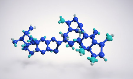 A 3D model of a complex molecule, featuring blue, teal, and silver atoms, against a white backgroundの素材
