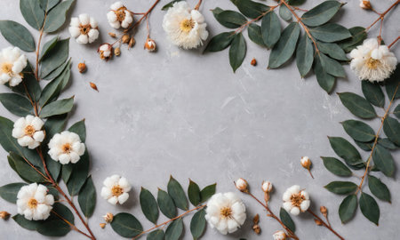White flowers and green leaves create a frame on a gray surfaceの素材
