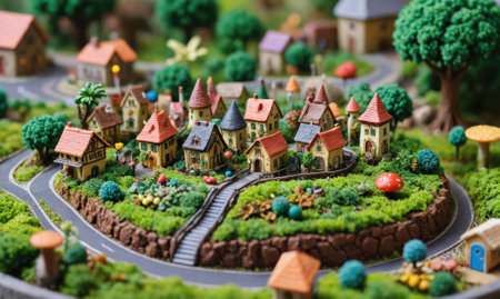 A miniature village scene with colorful houses, winding roads, and lush green foliageの素材