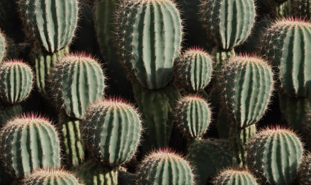 A close-up view of several large cacti growing together in the desertの素材