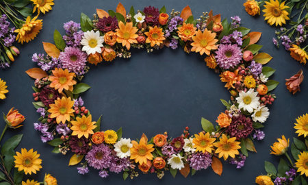 A wreath of orange and purple flowers is arranged on a dark blue backgroundの素材