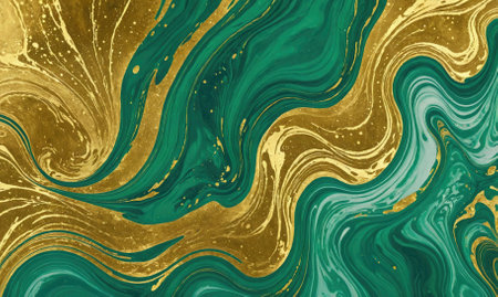 Green and gold paint swirl together in an abstract designの素材