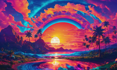A vibrant sunset over a tropical island, with palm trees and a winding river in the foregroundの素材
