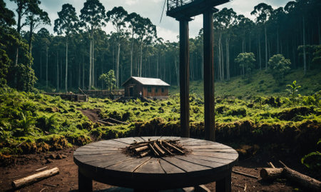 A wooden table sits in front of a cabin nestled in a lush green forestの素材