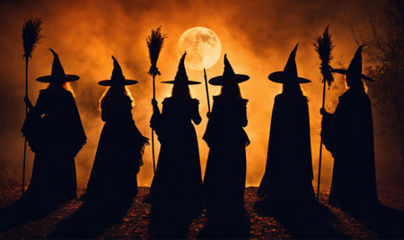 Silhouettes of witches stand in a line, holding broomsticks, under a full moon and an orange skyの素材