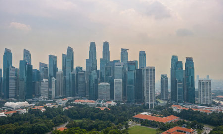 A view of the Singapore skyline from a distance, with many tall buildings and a park in the foregroundの素材
