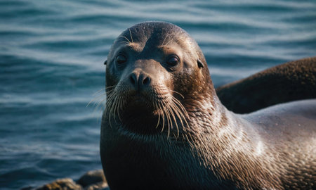 A seal looks directly at the camera while resting on a rock near the waterの素材