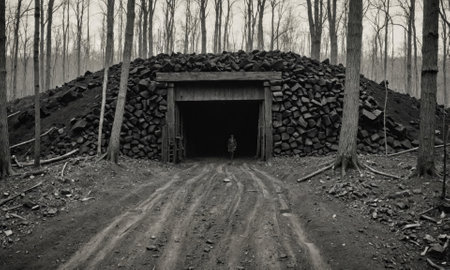 A person walks towards a dark tunnel built into a stone wall in the middle of the woodsの素材