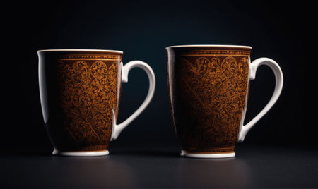 Two ornate coffee mugs sit side-by-side on a dark countertopの素材