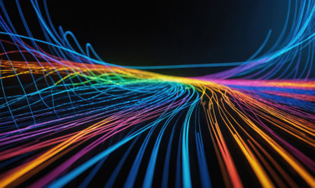 Colorful lines curve and intersect against a dark background, creating a dynamic abstract designの素材