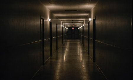 A long, dark hallway with rows of closed doors and dim lighting leads to an unknown destinationの素材