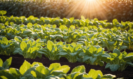 A field of green leafy vegetables glows in the afternoon sunの素材