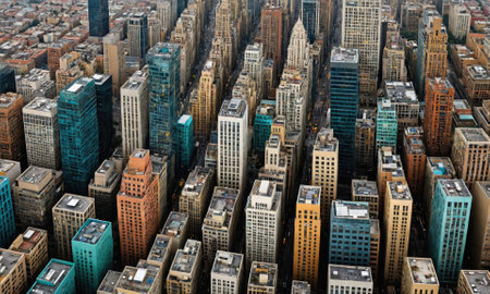 A view of skyscrapers in a city, seen from above on a cloudy dayの素材