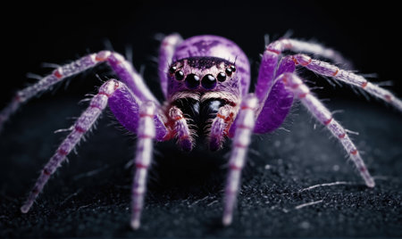 A purple spider with white stripes on its legs stands on a black surfaceの素材