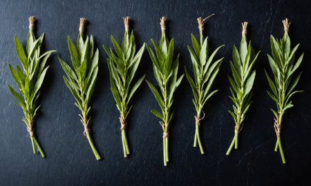 Seven bundles of sage are arranged in a row on a dark surfaceの素材