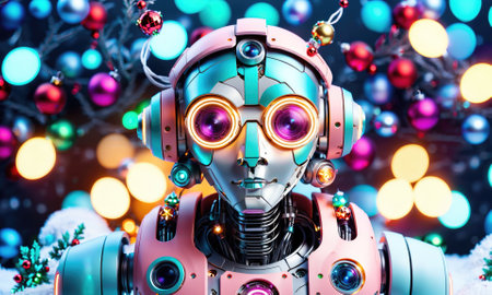A pink and teal robot with glowing eyes stands in front of a blurry background of Christmas ornaments and lightsの素材