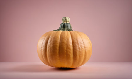 A small pumpkin sits on a light pink surfaceの素材