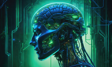 A robotic head with a detailed brain in a green and blue color scheme, set against a background of glowing green circuitryの素材