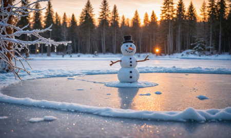 A snowman stands on a frozen lake at sunset, surrounded by snow and iceの素材