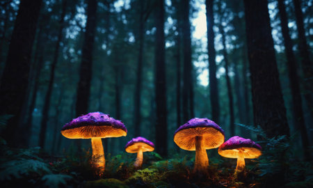 Glowing mushrooms illuminate the forest floor in the early morning hoursの素材