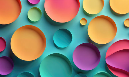 Colorful paper circles on a blue background create a vibrant and abstract patternの素材