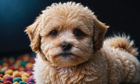 A small, fluffy dog with brown fur is sitting on a colorful rug and looking at the cameraの素材