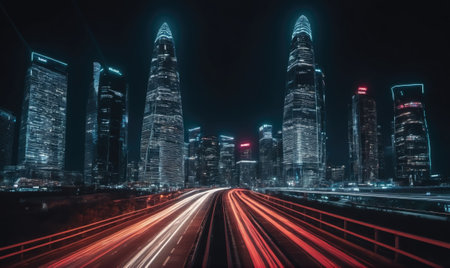 A highway runs through a city at night, with tall buildings illuminated by lights and cars leaving trails of light on the roadの素材
