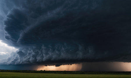 A large, dark storm cloud looms over a green field, casting a shadow as it rainsの素材
