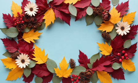 Autumn leaves form a frame around a blue backgroundの素材