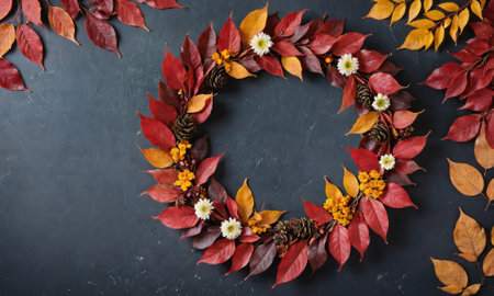 A wreath made from red and yellow leaves, pine cones, and white flowers is arranged on a dark surfaceの素材