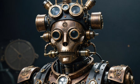 A steampunk robot with a skull-like head stares into the distanceの素材