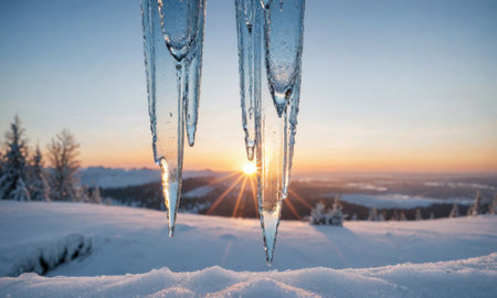 Icicles hang from a branch in a snowy mountain range, with the morning sun shining in the backgroundの素材