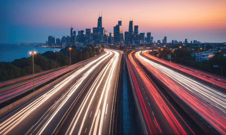 A highway with light trails from cars, leading towards the Chicago skyline at duskの素材