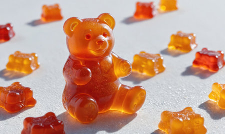 A large gummy bear sits among other gummy bears on a white surfaceの素材
