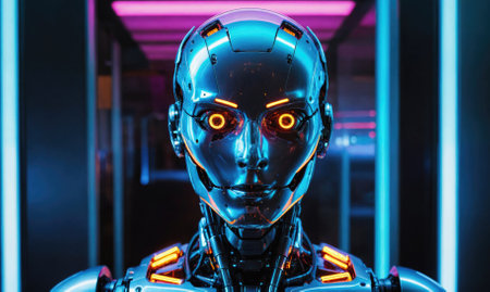 A metallic robot with glowing orange eyes stands in a brightly lit roomの素材