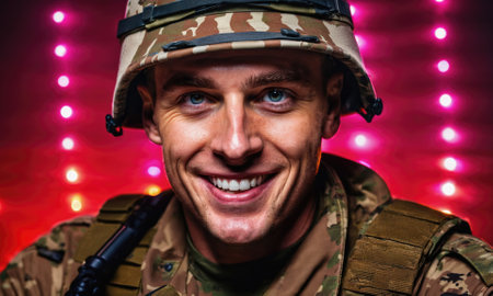 A soldier smiles brightly for the camera, standing against a backdrop of pink lightsの素材