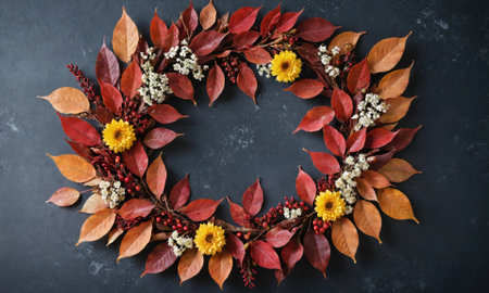 A colorful wreath of fall leaves, berries, and flowers on a dark backgroundの素材