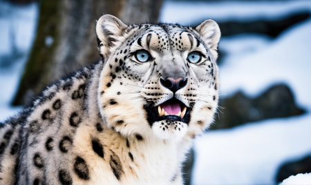 A snow leopard with piercing blue eyes stares intently at something in the distance, its snowy coat blending into the wintery backgroundの素材