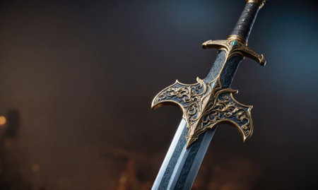 A detailed, ornate sword with a gold hilt and blade rests on a dark backgroundの素材