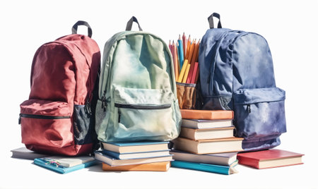 Three backpacks, one red, one blue, and one green, are stacked with books and pencilsの素材