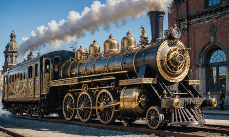 A historic steam locomotive chugs through a train station, its wheels churning and smoke billowing from its stackの素材