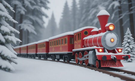 A red train travels through a snowy forestの素材