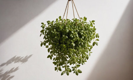 A lush, green plant hangs from the ceiling, its leaves cascading down in a beautiful displayの素材